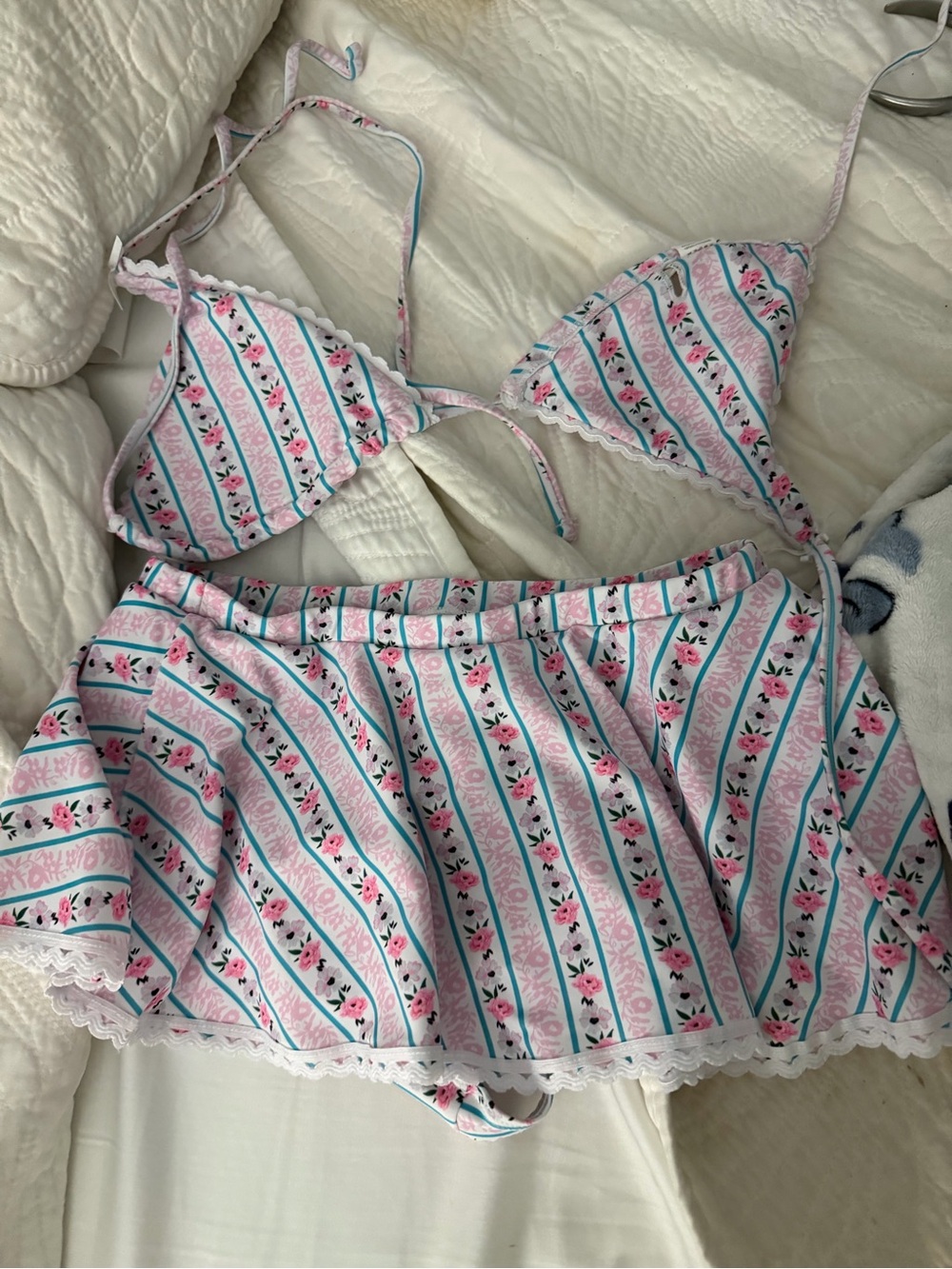 Floral Stripe Bikini Top & Skirt Set - Pink